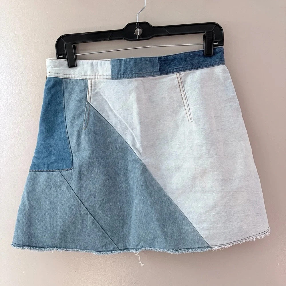 Zara Patchwork Denim Mini Skirt Raw Hem Blue M - Picture 3 of 7